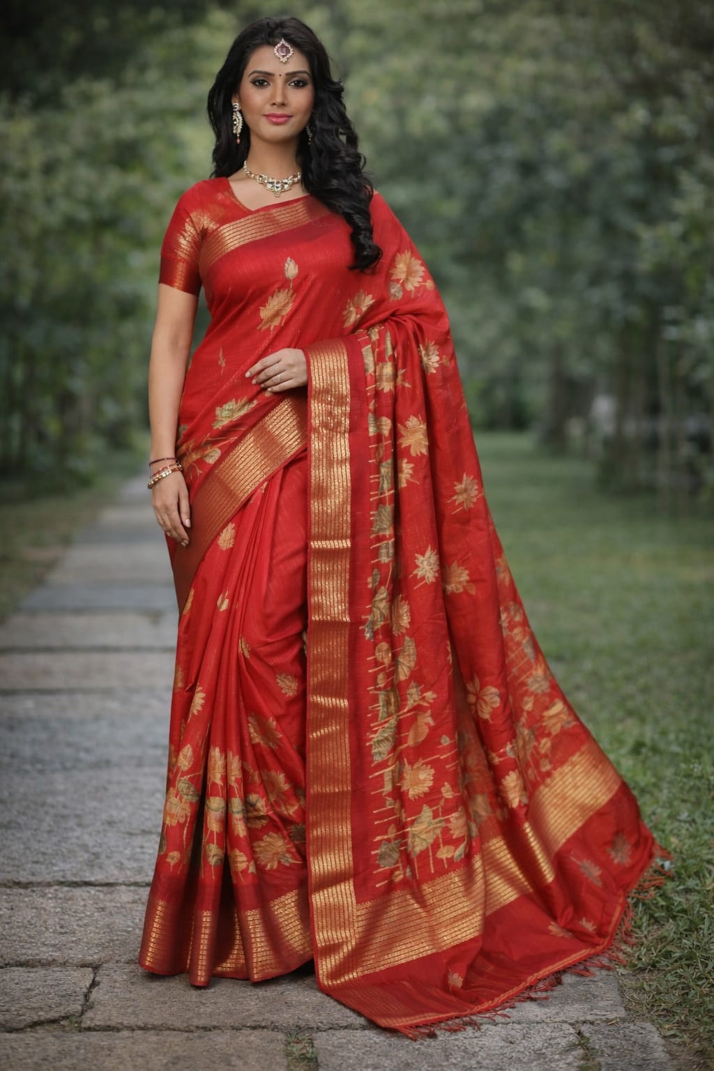 A graceful ethnic saree featuring a rich woven