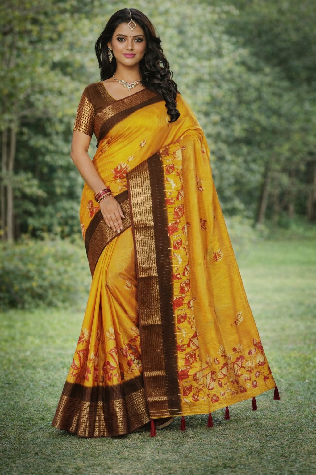 A graceful ethnic saree featuring a rich woven