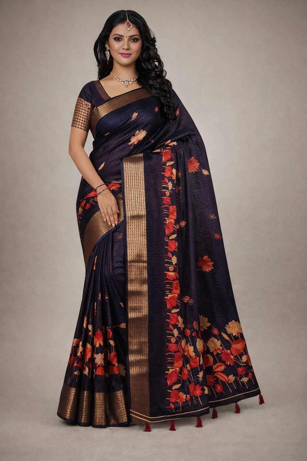 A graceful ethnic saree featuring a rich woven