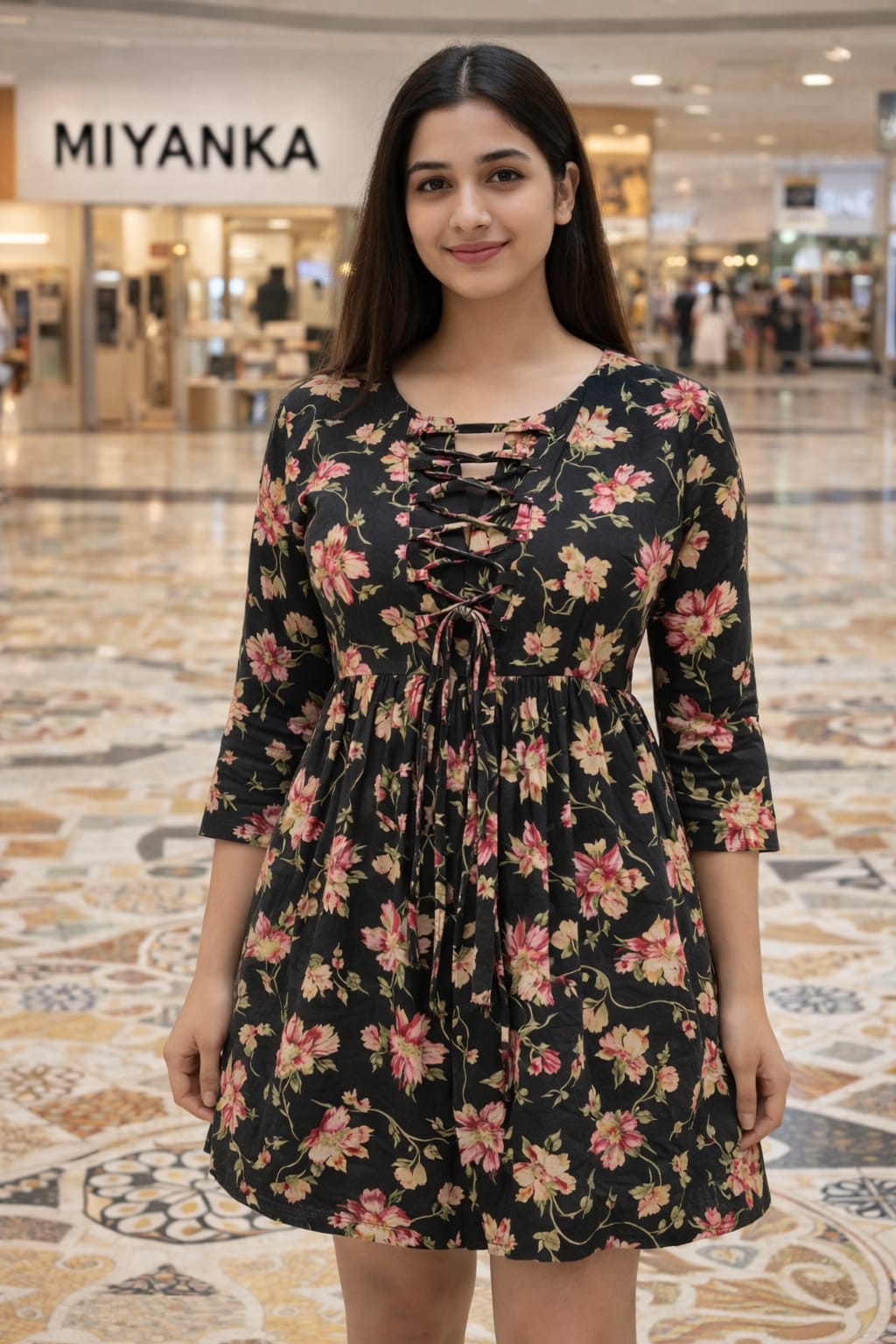 Elegant Black Floral Lace-Up Dress