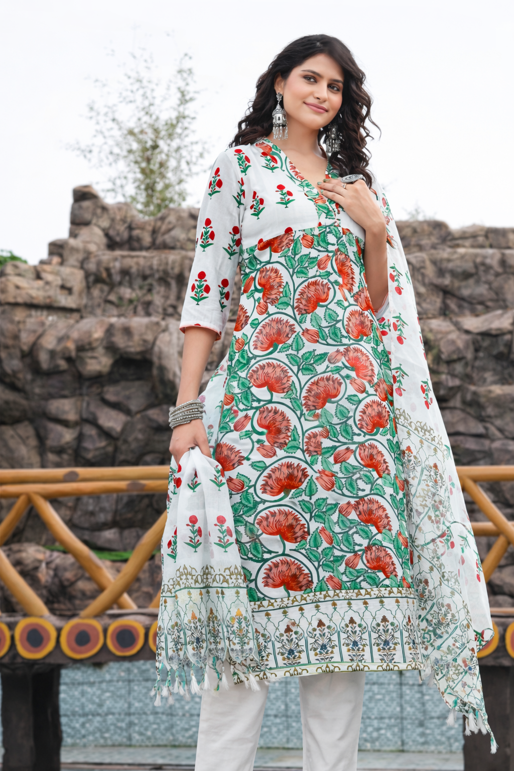 New white red Combination Kurti Suit